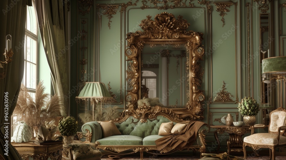 Luxurious living room featuring a grand, ornate mirror with intricate ...