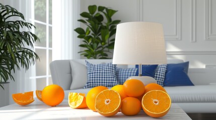 A vibrant arrangement of fresh oranges sits on a modern white table in a bright, sunlit living room. The setting is enhanced by blue pillows and green plants, creating a lively and refreshing