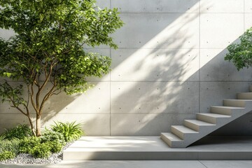 Wall Mural - Modern home interior design with zen garden. Luxury house with empty concrete wall with sun light, green tree and outdoor plants , ai