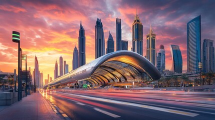 A city skyline with a large train station in the middle