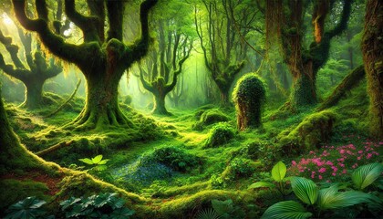 A magical and enchanting scene of a lush, green forest. The environment is vibrant, with even denser vines, ivy, and moss covering the trees and ground