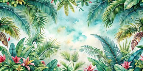 Aerial view of tropical retro wallpaper in watercolor style