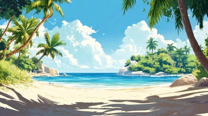 A beautiful beach with palm trees and a clear blue ocean