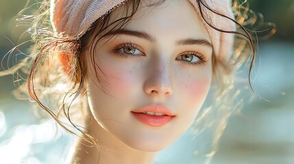 Poster - A close-up portrait of a beautiful woman with wet hair and a towel, exuding serene elegance.