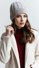 Poster - Girl wearing knit hat and jacket on plan white background