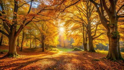 in the heart of autumn, a secluded clearing is set aglow by the warm light of afternoon sunbeams, fi