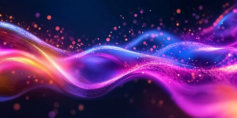 Wall Mural - colorful particles flow and form wavy lines on a dark blue background, creating a dynamic and futuri