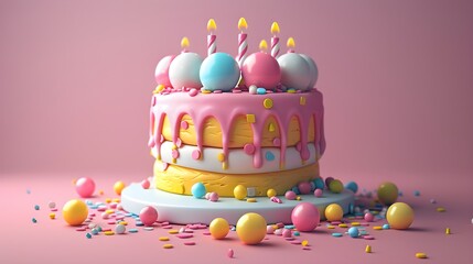 Colorful birthday cake with a bright backdrop and candles added for a festive feel.