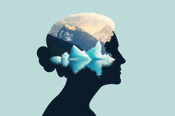 A creative silhouette of a woman's head with a scenic mountain landscape inside, representing imagination and nature's beauty.