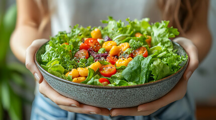 A person holding a vibrant salad bowl filled with fresh ingredients.