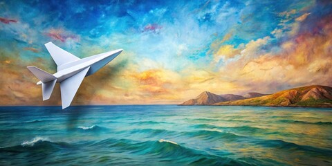 Airplane origami above oil color painting of sea and land background for copy space aerial