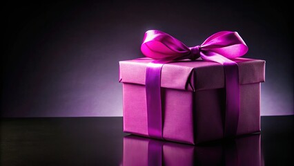 Wall Mural - A vibrant purple gift box with a pink ribbon and bow, standing out against a black background