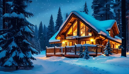 Enchanting snowy cabin retreat nestled among pine trees in a serene winter forest at night, evoking warmth and holiday spirit