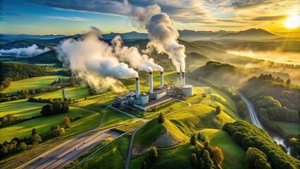 A bird's-eye view of a geothermal power plant, with steam rising from the towers, surrounded by a lush, green landscape, taken on a misty morning with soft, diffused lighting.