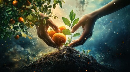 Wall Mural - A hand holding an orange and another hand holding a green plant