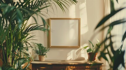 Canvas Print - Retro and stylish home interior with gold frame, vintage cupboard, plants. Cozy decor in beige living room setting.