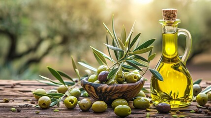 Premium cold pressed extra virgin olive oil with green olives in sunlight for healthy cooking