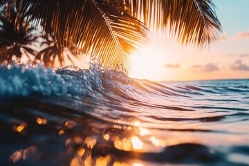 Tranquil closeup calm sea water waves with palm trees. Beautiful sunrise sunset sunlight. Tropical island beach landscape exotic shore coast. Summer vacation, amazing nature. Relax paradise, ai