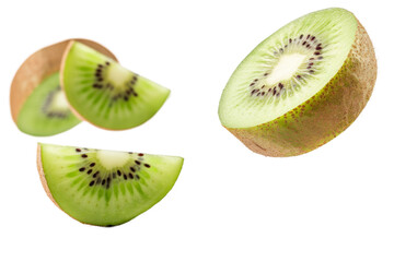 Poster - Kiwi with half slices falling or floating isolated on white or transparent background