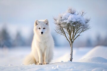 Wall Mural - arctic fox vulpes lagopus in white winter coat with small tree