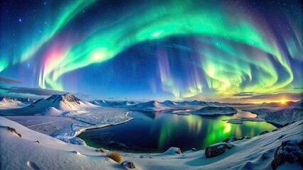 Wall Mural - arctic landscape with high angle view of northern lights
