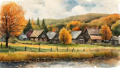 Charming autumn village scene in watercolor, capturing cozy rural life and the nostalgic beauty of a scenic countryside landscape