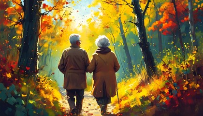 Timeless romance of an elderly couple strolling through a vibrant autumn forest, celebrating love, companionship, and the beauty of nature in outdoor adventures