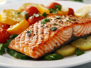 Delicious grilled salmon fillet served with fresh vegetables, showcasing a healthy and vibrant meal on a white plate.