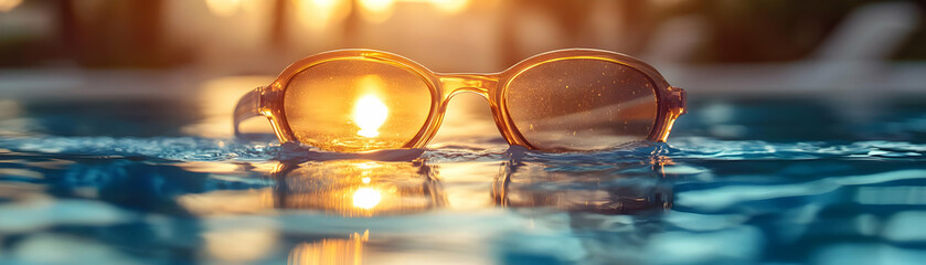 Wall Mural - Golden Sunset Reflected in Sunglasses Floating on Water - Photo