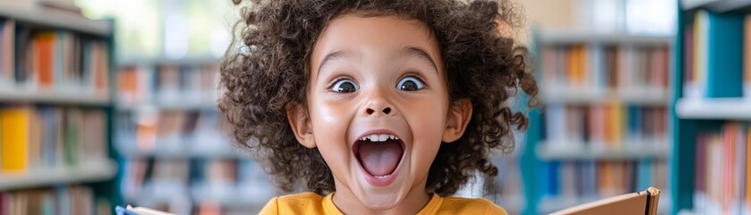 A joyful child with curly hair smiles widely in a library surrounded by books, radiating excitement for reading and learning.