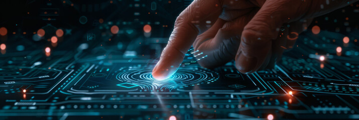Wall Mural - digital hand interacting with glowing futuristic interface. advanced technology and human-computer i