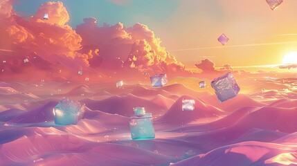 Wall Mural - Surrealist desert scene with floating glowing cubes and pastel sunset as backdrop