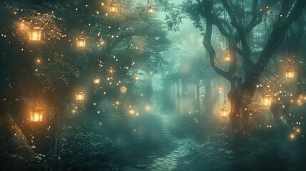 Wall Mural - Surrealist foggy forest backdrop with glowing lanterns and winding liquid paths