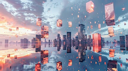 Canvas Print - Twilight sky with floating buildings and liquid reflections as surrealist backdrop