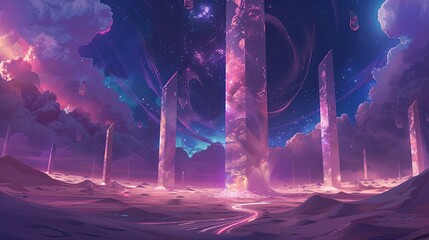 Wall Mural - Surreal desert scene with glowing obelisks and liquid light trails under starry sky