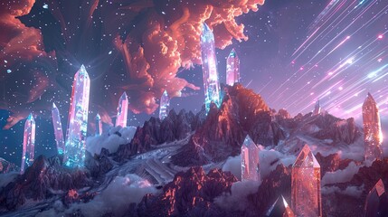 Sticker - Floating crystals and luminous light trails in a surreal mountain backdrop design