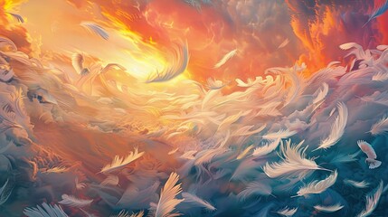 Canvas Print - Backdrop with floating feathers swaying in a breeze under swirling luminous sky