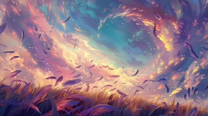 Backdrop featuring floating feathers gently swaying under swirling luminous skies