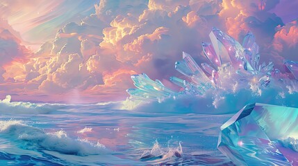 Canvas Print - Backdrop of glowing crystals floating in a liquid ocean under swirling pastel skies