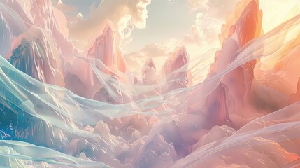 Canvas Print - Surreal landscape with floating mountains and liquid light streams under pastel skies