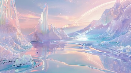 Canvas Print - Surreal backdrop of floating translucent mountains with light streams under pastel skies