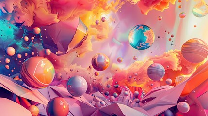 Sticker - Surreal wallpaper of geometric shapes and organic forms in shifting gradients