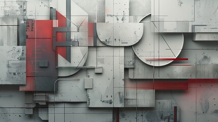 Canvas Print - Intricate constructivist wallpaper with geometric forms in gray and red with soft shadows