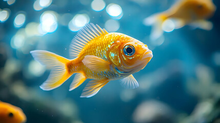 A Golden Fish in Blue Abstract Background - Photography