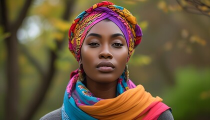 Wall Mural - Celebrating Beauty and Culture: Young African American Woman with Colorful Headwrap in Nature