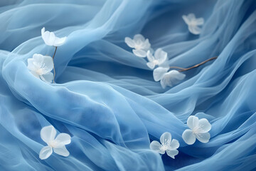 Canvas Print - Delicate White Flowers on Flowing Blue Fabric Background - Photo