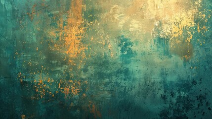 Vibrant patches of turquoise and gold with soft textures create a serene Post-Impressionist background