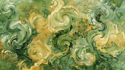 Wall Mural - Post-Impressionist wallpaper with dynamic green and yellow shapes creating fluid textures and motion