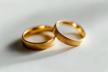 Two gold wedding rings resting on a surface, symbolizing love and commitment.