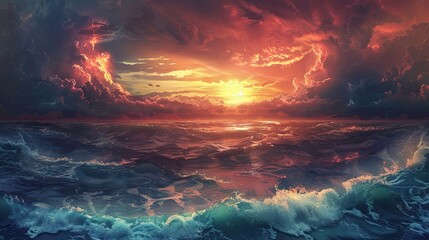 Wallpaper showcasing a seascape with dramatic waves textured clouds and a glowing sunset sky